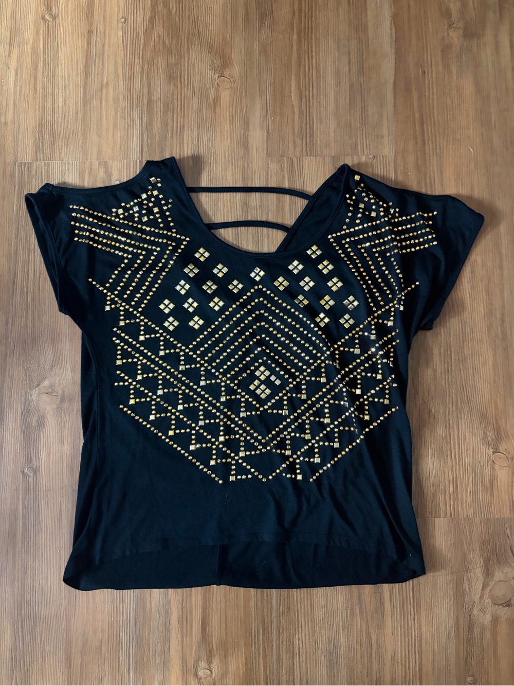 Almost Famous Black Tee with Gold Studded Geometric Design